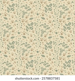 Woodland seamless pattern. Forest endless background. earthy continuous ornament. Surface pattern folk cabincore design motif. Vector hand drawn illustration.