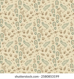 Woodland seamless pattern. Forest endless background. Folk repeat cover. Vector hand drawn illustration.