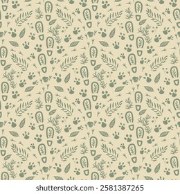 Woodland seamless pattern. Forest endless background. earthy repeat cover. Beige and green continuous ornament. Surface pattern design motif. Vector hand drawn illustration.