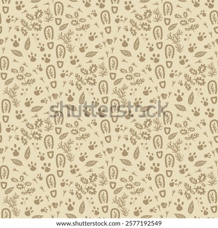 Woodland seamless pattern. Forest endless background. Monochrome continuous ornament. Surface pattern design motif. Vector hand drawn illustration.