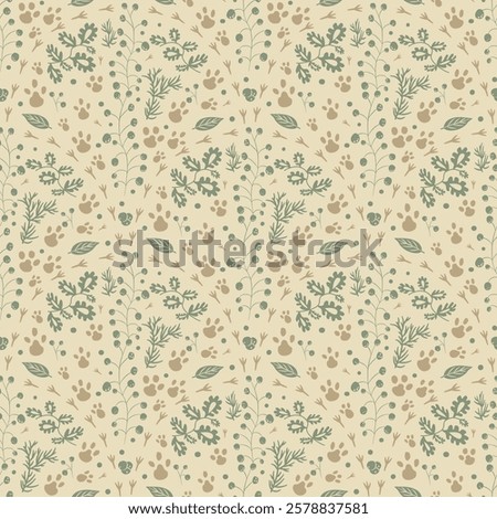 Woodland seamless pattern. Forest endless background. earthy continuous ornament. Surface pattern folk cabincore design motif. Vector hand drawn illustration.