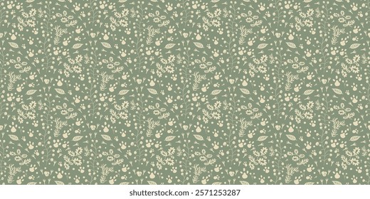 Woodland seamless pattern. Forest simple endless background. Green repeat cover. Surface pattern design cabincore motif. Vector hand drawn illustration.