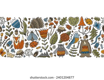 Woodland seamless pattern horizontal background. Forest animals in cartoon style. Ideas for kids design - wrapping, textile, fabric etc