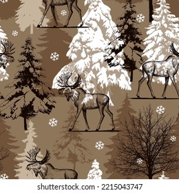 
 Woodland seamless pattern.  Moose, fir trees and snowflakes. Vector illustration of winter nature.
