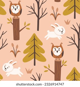 Patrón de bosques sin fisuras con lechuzas, árboles y conejillos saltando. Diseño de patrón de repetición cuadrado. Ilustración vectorial.