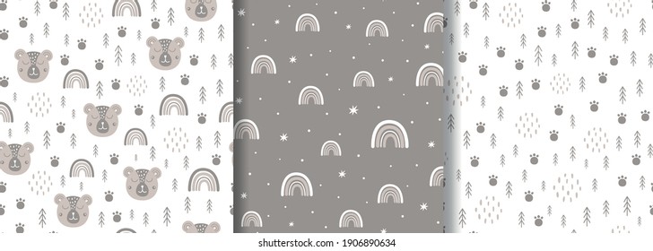 Woodland seamless pattern set Scandinavian animal paw, forest tree. Baby bear, rainbow Kids wildlife fabric design.