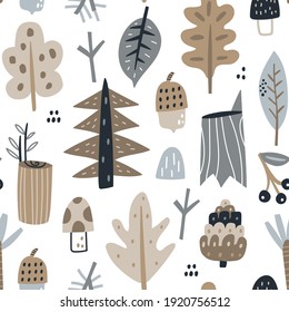 Woodland seamless pattern. Trendy forest texture perfect for textile, fabric, apparel, wallpaper.Vector illustration