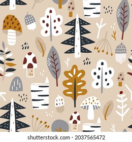 Woodland seamless pattern. Trendy forest texture perfect for textile, fabric, apparel, wallpaper.Vector illustration