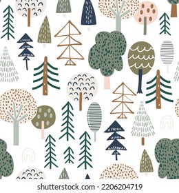 Woodland seamless pattern. Trendy forest texture with abstract hand drawn tree. Perfect for textile, fabric, apparel, wallpaper.Vector illustration