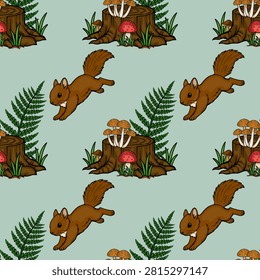 Woodland seamless pattern vector with cute jumping squirrel, tree stump, mushrooms and fern leaves