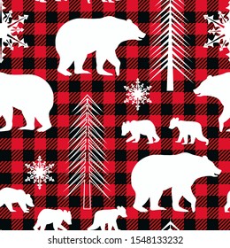 
Woodland seamless pattern. White silhouettes of fir trees, snowflakes, bears and cubs on a checkered background.
Lumberjack vector illustration.