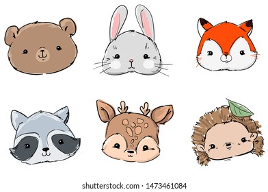 Woodland Set Animals, Hand Drawn Cute Rabbit, Fox, Bear, Raccoon, Hedgehog and Deer, Vector Illustration. Print Design.