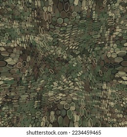 Woodland spotted camouflage masking hexagonal netting. Forest coloring seamless vector pattern. Hiding hex shape texture of abstract military background for army design.