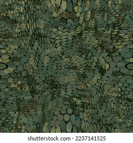 Woodland spotted camouflage masking hexagonal netting. Forest swamp coloring seamless vector pattern. Hiding hex shape texture of abstract military background for army design.