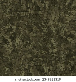 Woodland spotted camouflage masking hexagonal netting. Forest olive, treron, bancha, oregano coloring seamless vector pattern. Hiding hex shape texture of abstract military background.