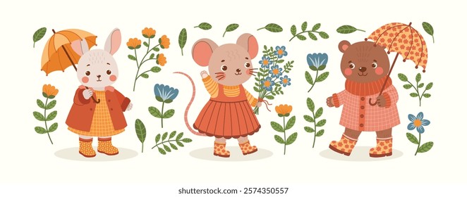 Woodland spring characters and botanical elements collection. Forest animals - mouse, bear, rabbit. Set of vector illustrations, flowers, leaves, branches.	
