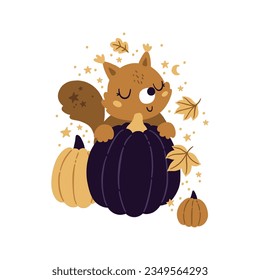 Woodland squirrel with pumpkins and autumn leaves on white background. Vector baby animal illustration.