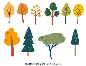 Woodland trees. Forest plants elements. Set of green plants. Landscape. Wild botanical set. Scandinavian style vector cartoon illustration isolated.