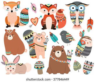 Woodland Tribal Animals Cute Forest and Nature Design Elements Vector 