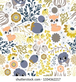 Woodland Vector Nursery Repeat Pattern.Cute flowers,birds and fox seamless design Perfect for Interior or nursery products, Stationary,wall paper,gift wrap quilting and scrap-booking projects.