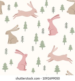 Woodland vector pattern with rabbits and small trees. Vintage seamless print illustration with cute bunnies and forest.