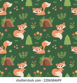 Vectores de bosques sin fisuras con animales, zorro, setas, árboles, plantas, hojas, bayas, flores