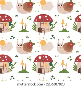 Vector de bosques sin fisuras con animales, caracol, setas, plantas, hojas, flores, sol, nube