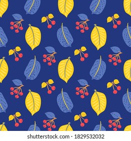 Woodland and vegetation seamless pattern. Forest green vegetation. Oak leaves, berries, acorns. Vector natural fabric print. Floral summer, fall backdrop for textiles, clothing, T-shirts, soap and per