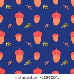 Woodland and vegetation seamless pattern. Forest green vegetation. Oak leaves, berries, acorns. Vector natural fabric print. Floral summer, fall backdrop for textiles, clothing, T-shirts, soap and per