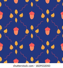 Woodland and vegetation seamless pattern. Forest green vegetation. Oak leaves, berries, acorns. Vector natural fabric print. Floral summer, fall backdrop for textiles, clothing, T-shirts, soap and per