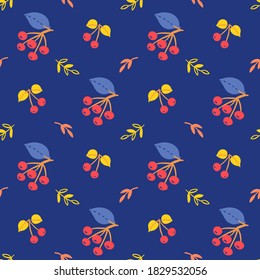 Woodland and vegetation seamless pattern. Forest green vegetation. Oak leaves, berries, acorns. Vector natural fabric print. Floral summer, fall backdrop for textiles, clothing, T-shirts, soap and per