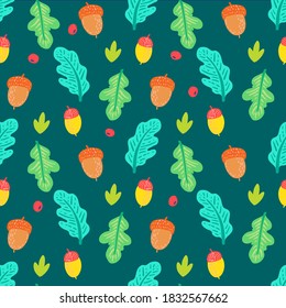 Woodland and vegetation seamless pattern. Forest green vegetation. Oak leaves, berries, acorns. Vector fabric print. Floral summer, fall backdrop for textiles, clothing, T-shirts, soap and perfume.
