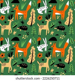 Woodland wallpaper. Seamless hand drawn pattern with cute Scandinavian style animals, plants, flowers and trees. Characters isolated on green background. Forest fauna vector cartoon doodle clip art