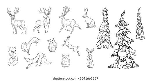 Woodland winter animals clipart with snowy trees hand drawn black white vector outline illustration. Deer, fox, hare and owl linear sketch with pines, firs and spruce for Christmas landscape scene.