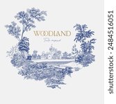 Woodland. Wreath. Toile inspired. Vector vintage illustration. Blue and white