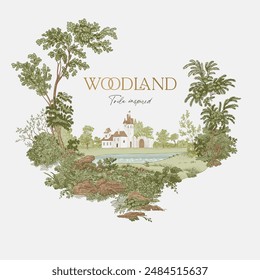 Woodland. Wreath. Toile inspired. Vector vintage illustration. 