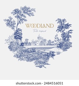 Woodland. Wreath. Toile inspired. Vector vintage illustration. Blue and white