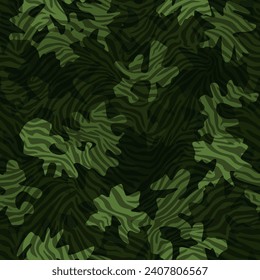 Woodland zebra camouflage pattern background seamless vector illustration. Classic clothing style masking camo repeat print. Dark green forest colors forest texture