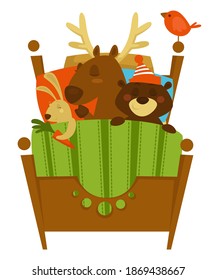 Woodlands animals laying on bed sleeping and having rest. Isolated sofa with deer, bear wearing special cap and rabbit holding carrot as toy. Good night, nursery or fairy tale. Vector in flat style