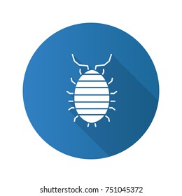Woodlouse flat design long shadow glyph icons set. Roll up bug. Sowbug. Vector silhouette illustration