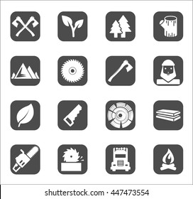 Woodman or lumberjack black flat icons set, vector. Lumberjack and wood works black symbols collection. Design elements with wood, lumberjack  felling ax, saw