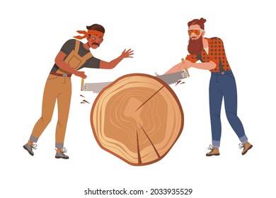 Woodman or Lumberman in Checkered Shirt Sawing Huge Tree Trunk with Saw Vector Illustration