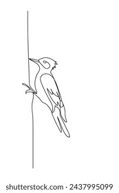 Woodpecker bird, black line drawing, one line outline on white background