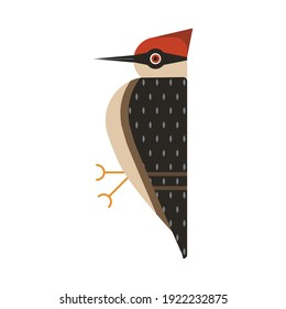 Woodpecker bird icon in geometric flat style. Vertically pecked red-headed birdie with black, white and red feathers designed with simple shapes.