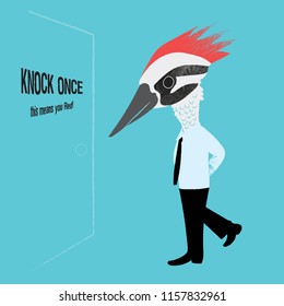 Woodpecker bird knocks on the office door.