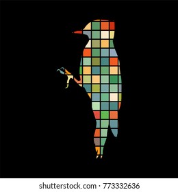 Woodpecker bird mosaic color silhouette animal background black