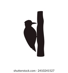 Woodpecker bird on tree trunk black silhouette icon. Cartoon taiga forest bird vector outline illustration. Wildlife nature, woodland animal isolated on white background