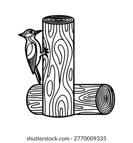 Woodpecker bird perched on a tree log with wood grain texture