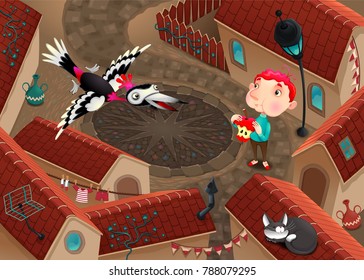 The woodpecker and boy with apple. Funny cartoon vector illustration representing a scene from a top view, in a little tow with roofs and shingles.