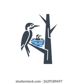 Woodpecker Family Nest Icon Isolated On White Background